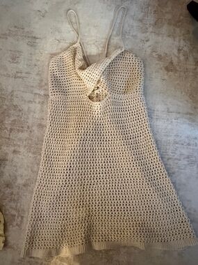 Spaghetti Strap Crochet Mini Dress in Cream
